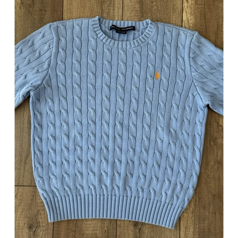 VTG Polo Ralph Lauren Sport Cable Knit Crew Neck Sweater XL/160 Blue Orange Pony - Picture 6 of 10